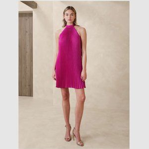 Banana Republic Factory Halter Pleated Mini Dress Bright Pink Dahlia